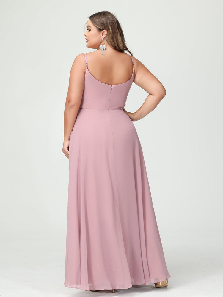 A-Line/Princess/Princess Spaghetti Straps Sleeveless Chiffon Plus Size Bridesmaid Dresses with Pockets & Split Side