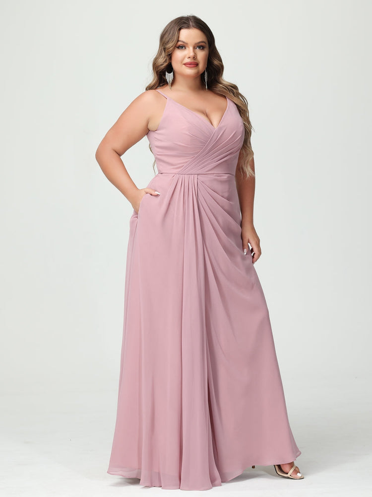 A-Line/Princess/Princess Spaghetti Straps Sleeveless Chiffon Plus Size Bridesmaid Dresses with Pockets & Split Side