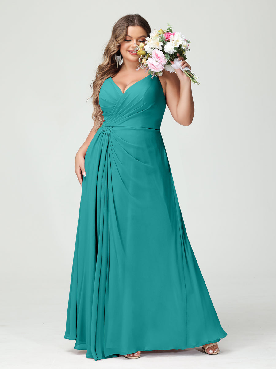 A-Line/Princess Spaghetti Straps Sleeveless Chiffon Plus Size Bridesmaid Dresses with Pockets & Split Side Aqua Blue A-Line/Princess Spaghetti Straps Sleeveless Chiffon Plus Size Bridesmaid Dresses with Pockets & Split Side Aqua Blue