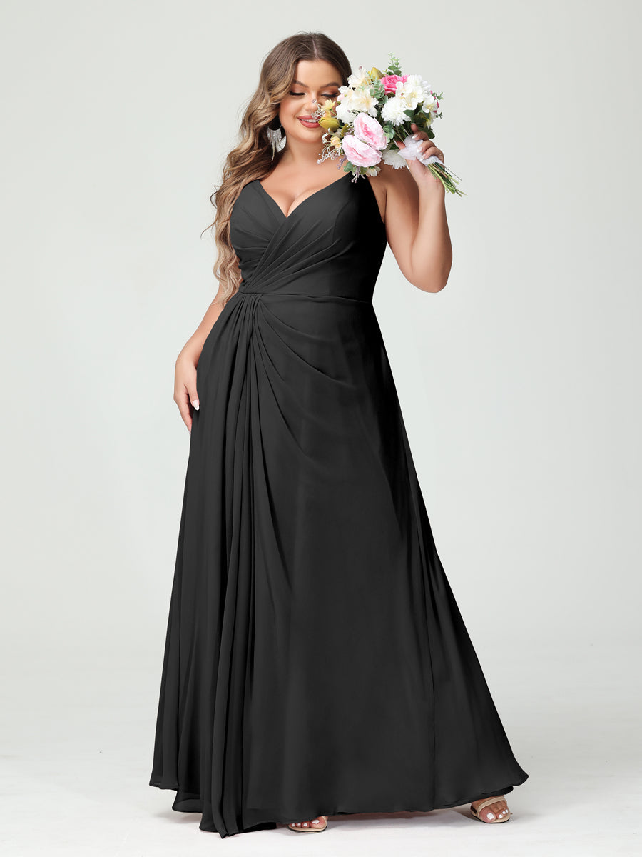 A-Line/Princess Spaghetti Straps Sleeveless Chiffon Plus Size Bridesmaid Dresses with Pockets & Split Side
