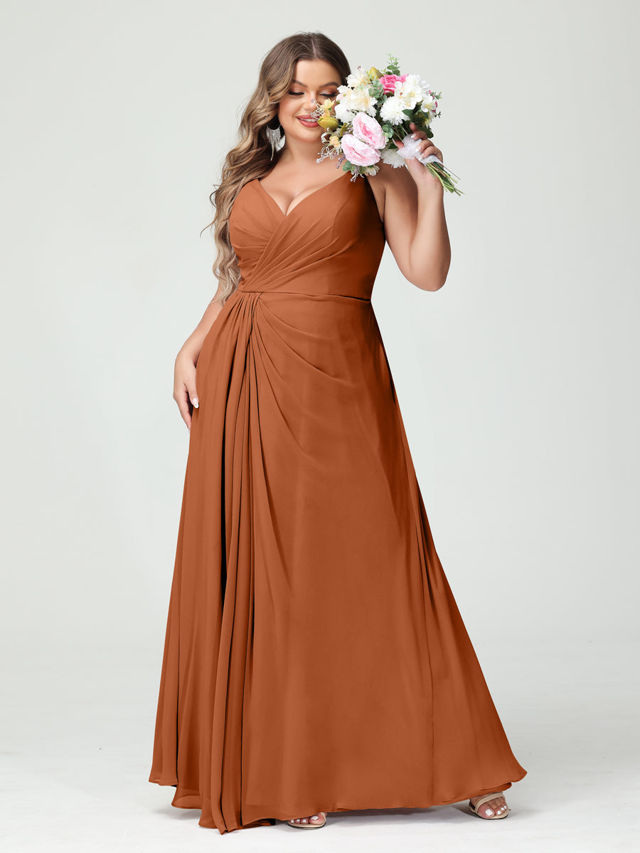 A-Line/Princess Spaghetti Straps Sleeveless Chiffon Plus Size Bridesmaid Dresses with Pockets & Split Side