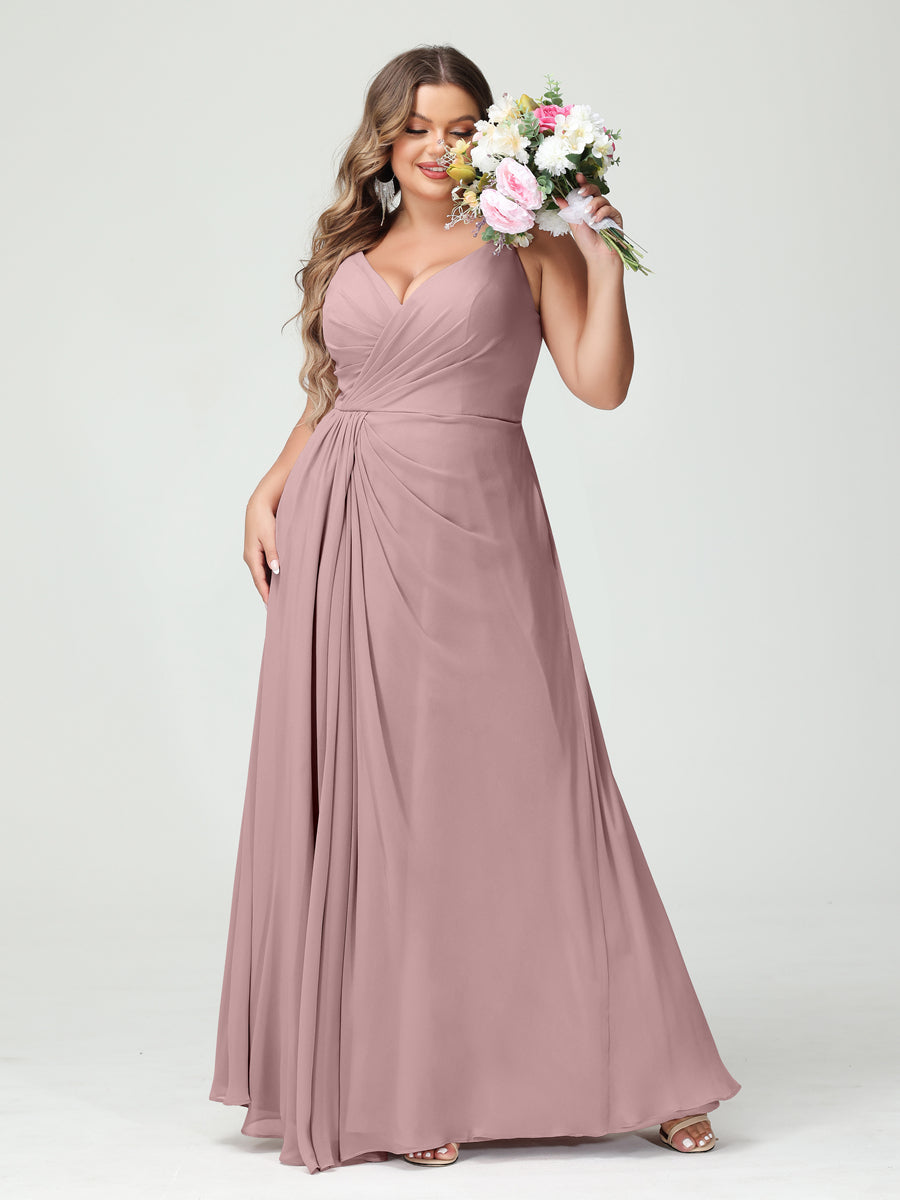 A-Line/Princess/Princess Spaghetti Straps Sleeveless Chiffon Plus Size Bridesmaid Dresses with Pockets & Split Side