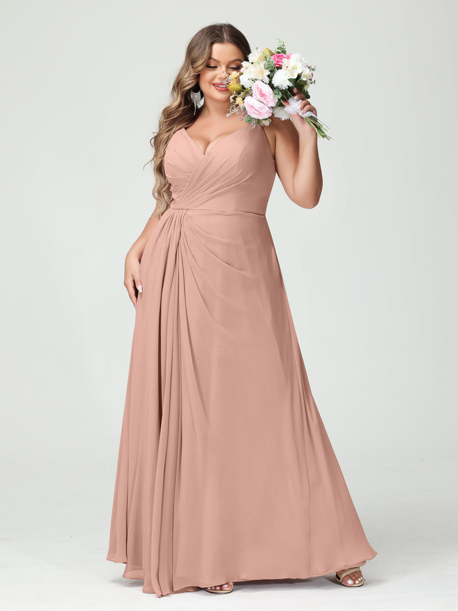 A-Line/Princess/Princess Spaghetti Straps Sleeveless Chiffon Plus Size Bridesmaid Dresses with Pockets & Split Side