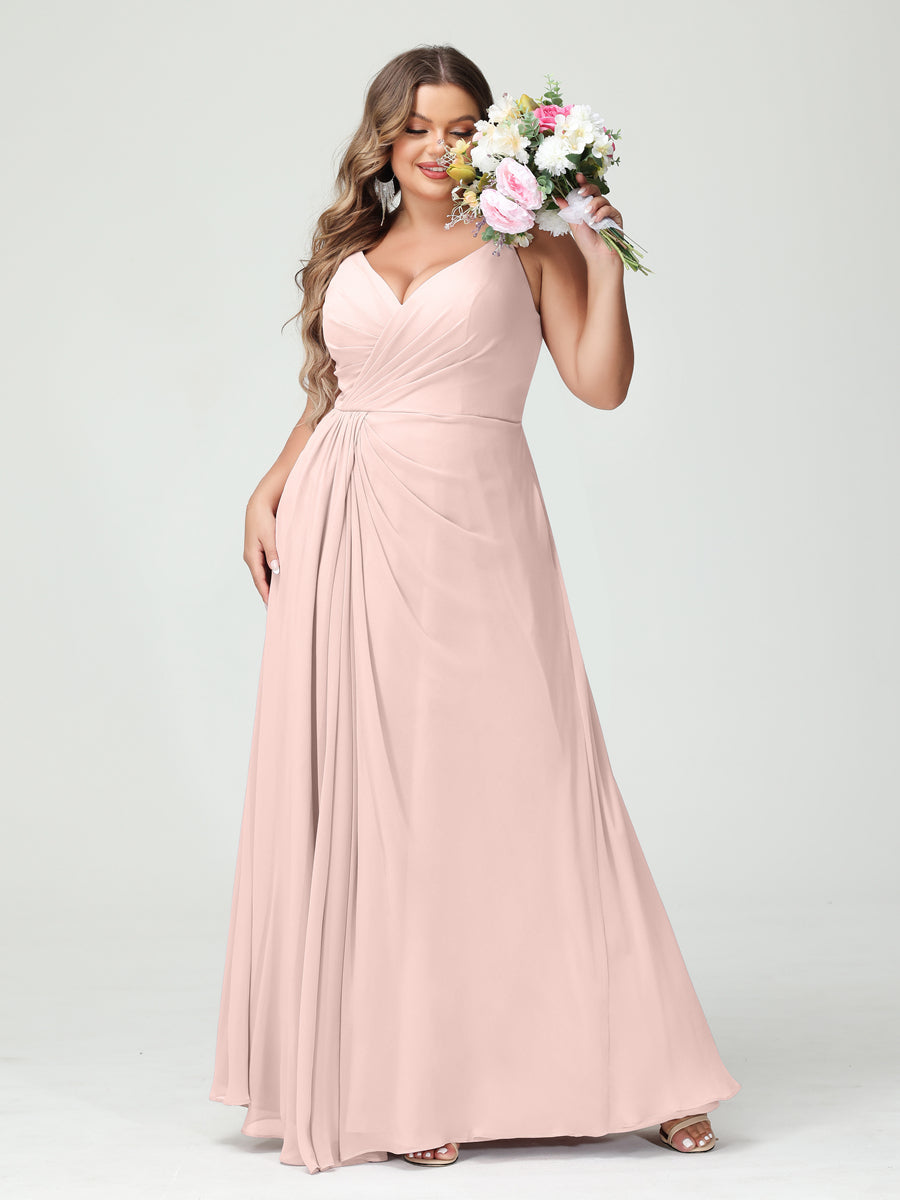 A-Line/Princess/Princess Spaghetti Straps Sleeveless Chiffon Plus Size Bridesmaid Dresses with Pockets & Split Side