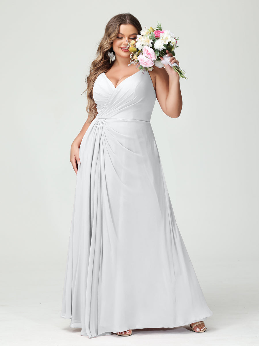 A-Line/Princess Spaghetti Straps Sleeveless Chiffon Plus Size Bridesmaid Dresses with Pockets & Split Side