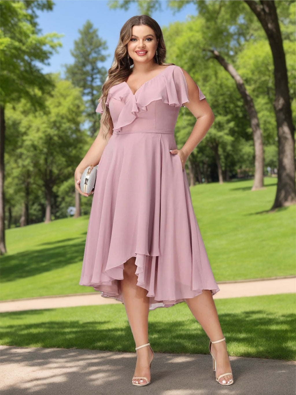 A-Line/Princess/Princess V-Neck Short Sleeves Chiffon High-Low Plus Size Bridesmaid Dresses with Pockets & Ruffles