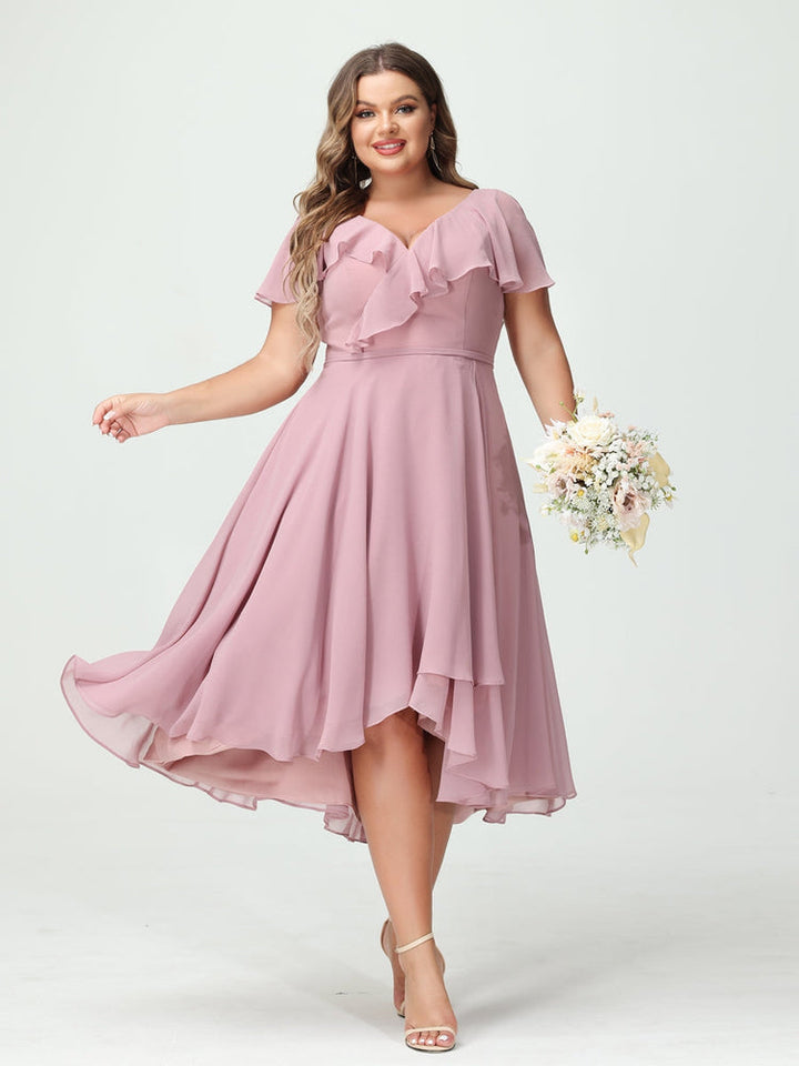 A-Line/Princess/Princess V-Neck Short Sleeves Chiffon High-Low Plus Size Bridesmaid Dresses with Pockets & Ruffles