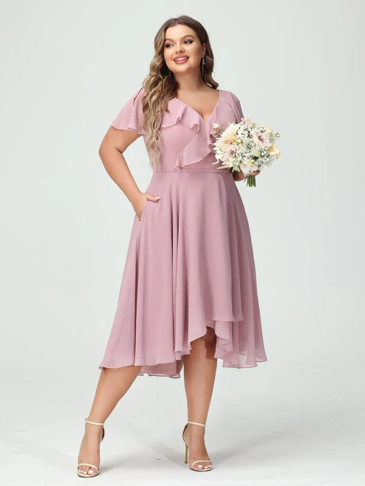 A-Line/Princess/Princess V-Neck Short Sleeves Chiffon High-Low Plus Size Bridesmaid Dresses with Pockets & Ruffles