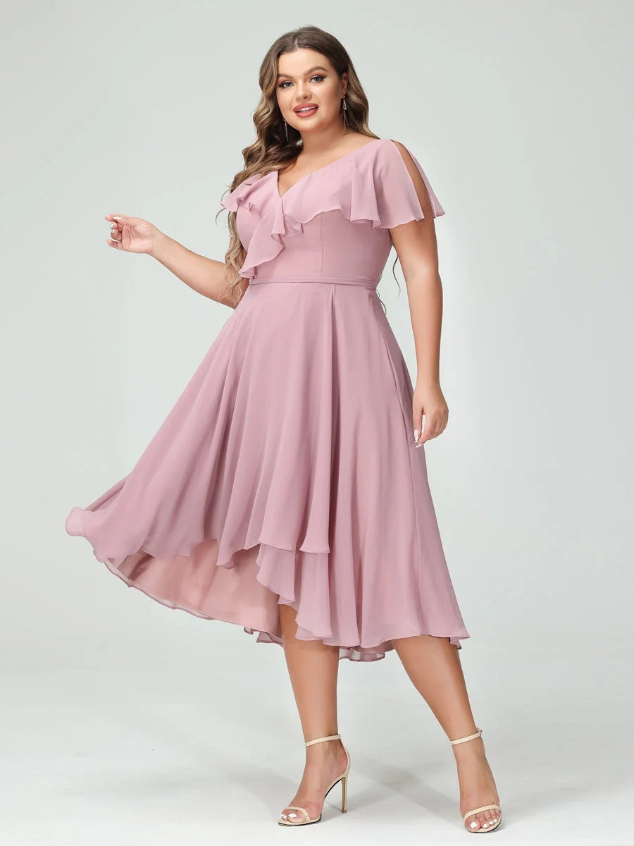 A-Line/Princess/Princess V-Neck Short Sleeves Chiffon High-Low Plus Size Bridesmaid Dresses with Pockets & Ruffles