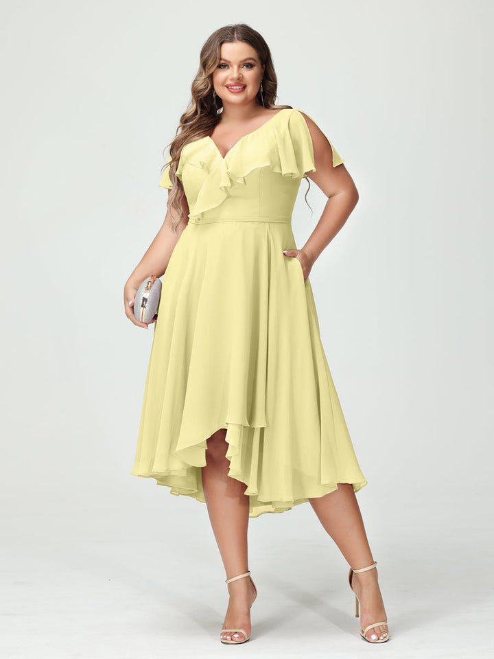 A-Line/Princess/Princess V-Neck Short Sleeves Chiffon High-Low Plus Size Bridesmaid Dresses with Pockets & Ruffles