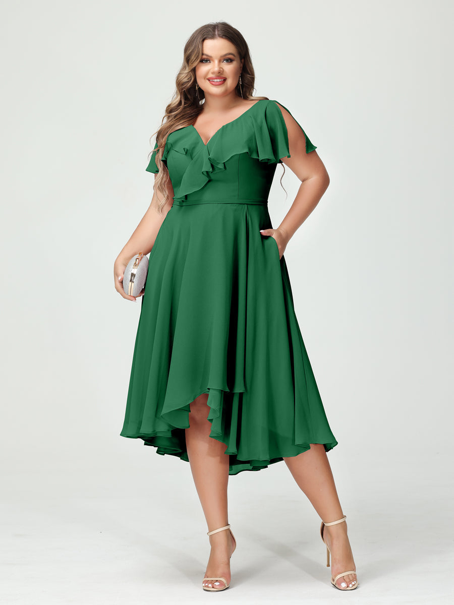 A-Line/Princess/Princess V-Neck Short Sleeves Chiffon High-Low Plus Size Bridesmaid Dresses with Pockets & Ruffles