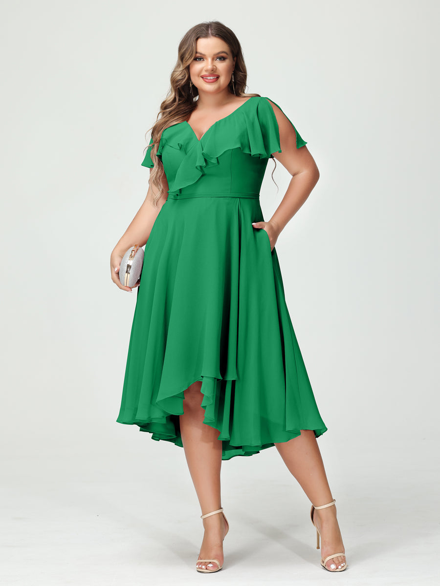 A-Line/Princess/Princess V-Neck Short Sleeves Chiffon High-Low Plus Size Bridesmaid Dresses with Pockets & Ruffles