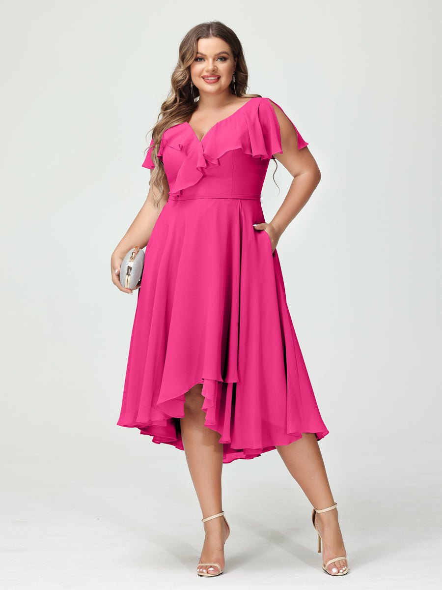 A-Line/Princess/Princess V-Neck Short Sleeves Chiffon High-Low Plus Size Bridesmaid Dresses with Pockets & Ruffles