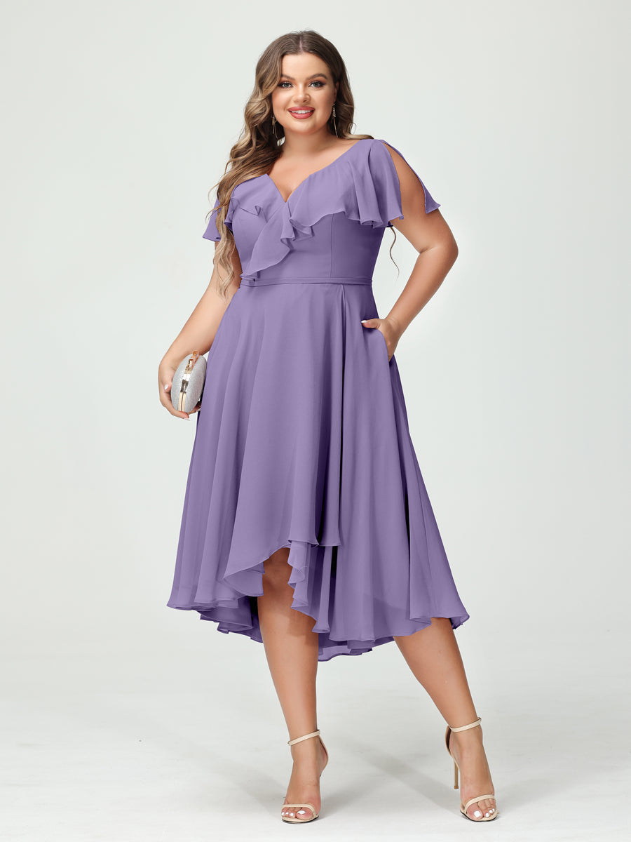 A-Line/Princess/Princess V-Neck Short Sleeves Chiffon High-Low Plus Size Bridesmaid Dresses with Pockets & Ruffles