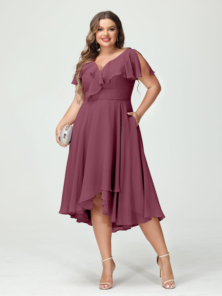 A-Line/Princess/Princess V-Neck Short Sleeves Chiffon High-Low Plus Size Bridesmaid Dresses with Pockets & Ruffles