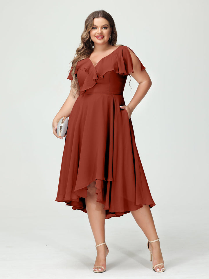 A-Line/Princess/Princess V-Neck Short Sleeves Chiffon High-Low Plus Size Bridesmaid Dresses with Pockets & Ruffles