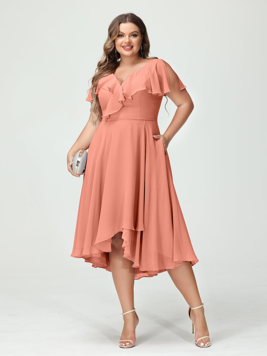 A-Line/Princess/Princess V-Neck Short Sleeves Chiffon High-Low Plus Size Bridesmaid Dresses with Pockets & Ruffles