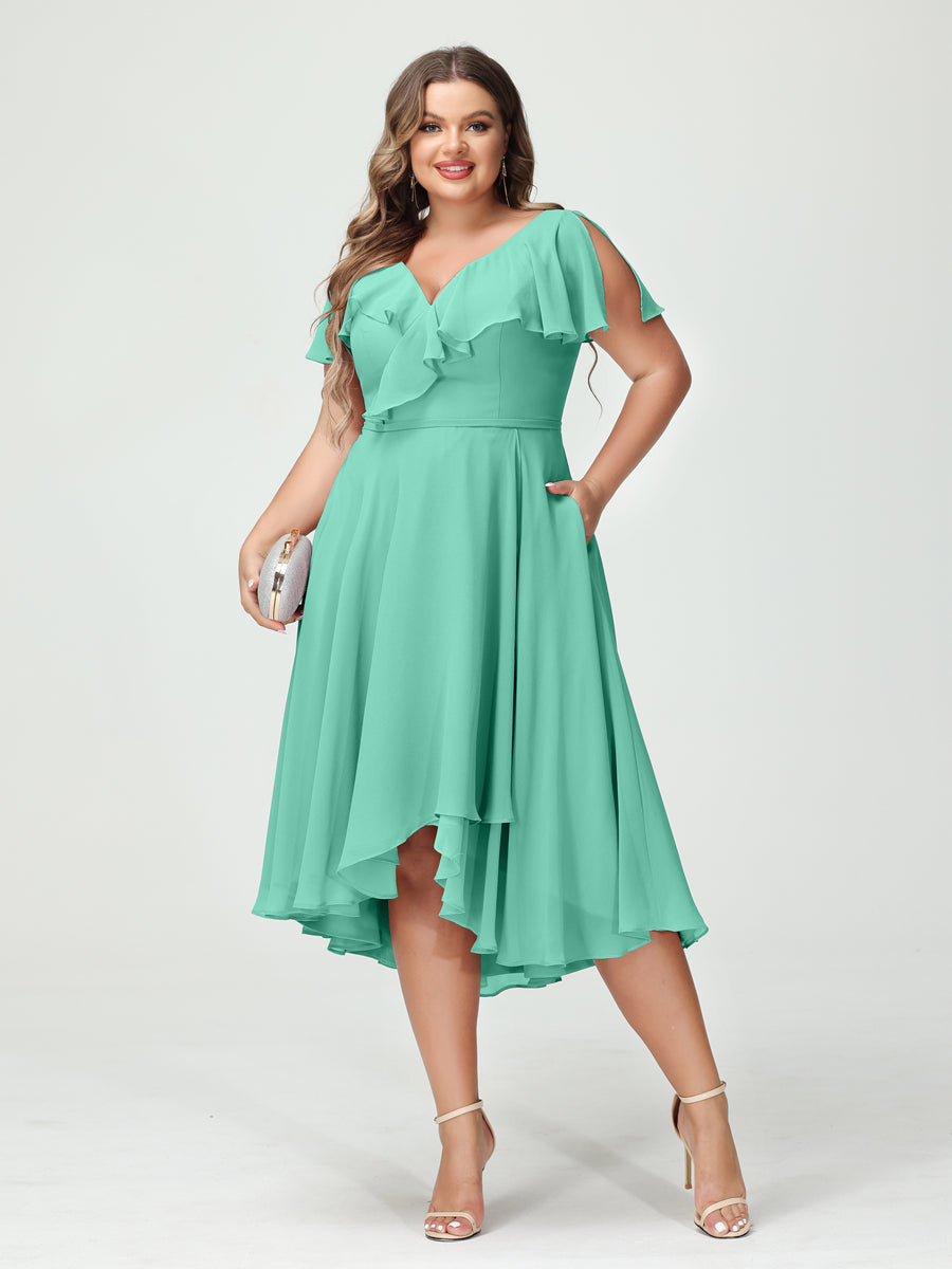 A-Line/Princess/Princess V-Neck Short Sleeves Chiffon High-Low Plus Size Bridesmaid Dresses with Pockets & Ruffles