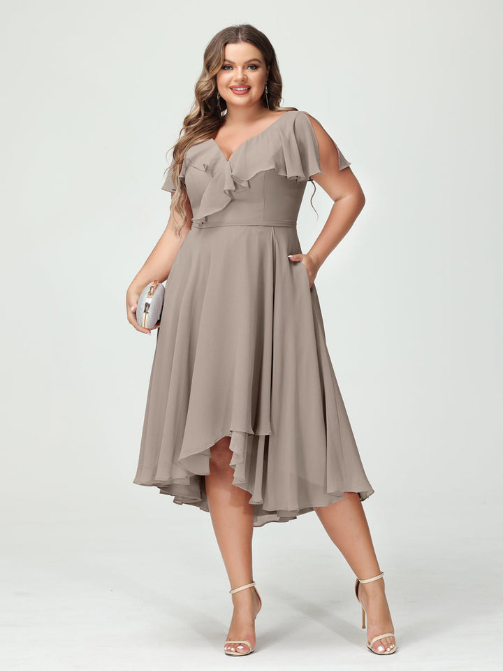 A-Line/Princess/Princess V-Neck Short Sleeves Chiffon High-Low Plus Size Bridesmaid Dresses with Pockets & Ruffles