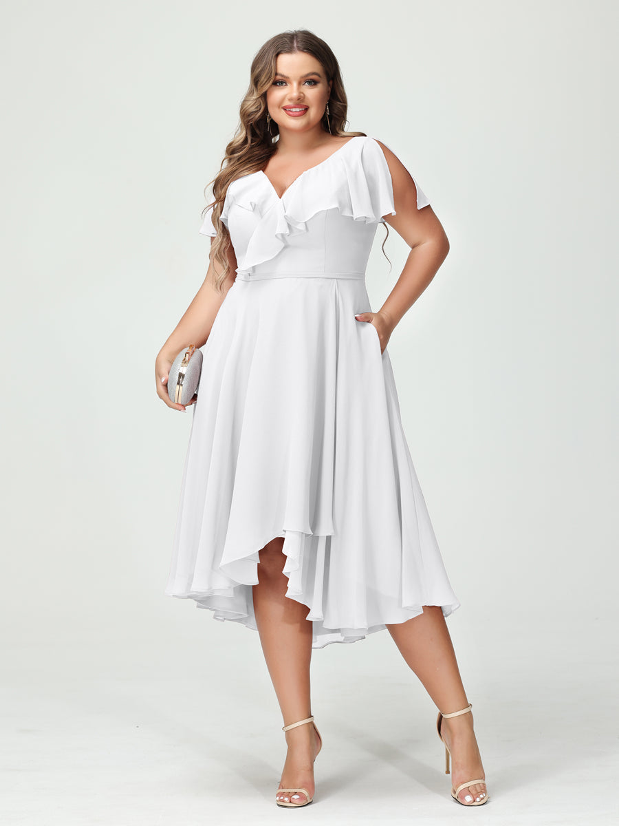 A-Line/Princess/Princess V-Neck Short Sleeves Chiffon High-Low Plus Size Bridesmaid Dresses with Pockets & Ruffles