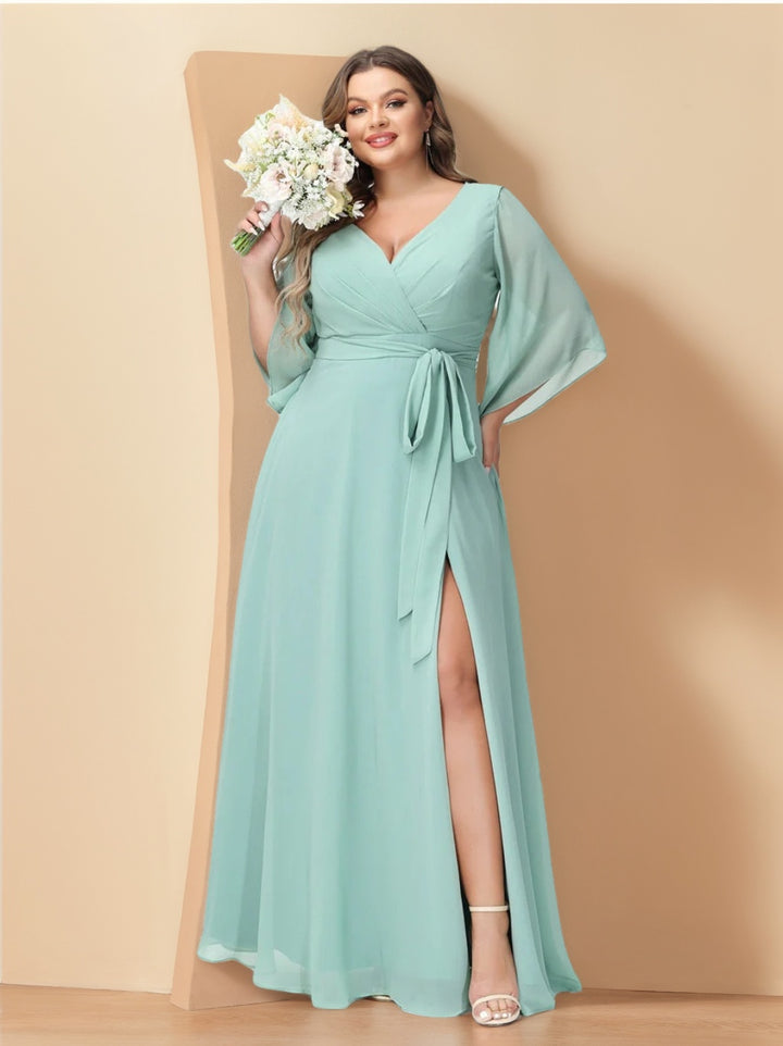 A-Line/Princess/Princess V-Neck Long Sleeves Chiffon Plus Size Bridesmaid Dresses With Pockets ¡¢Belt & Split Side