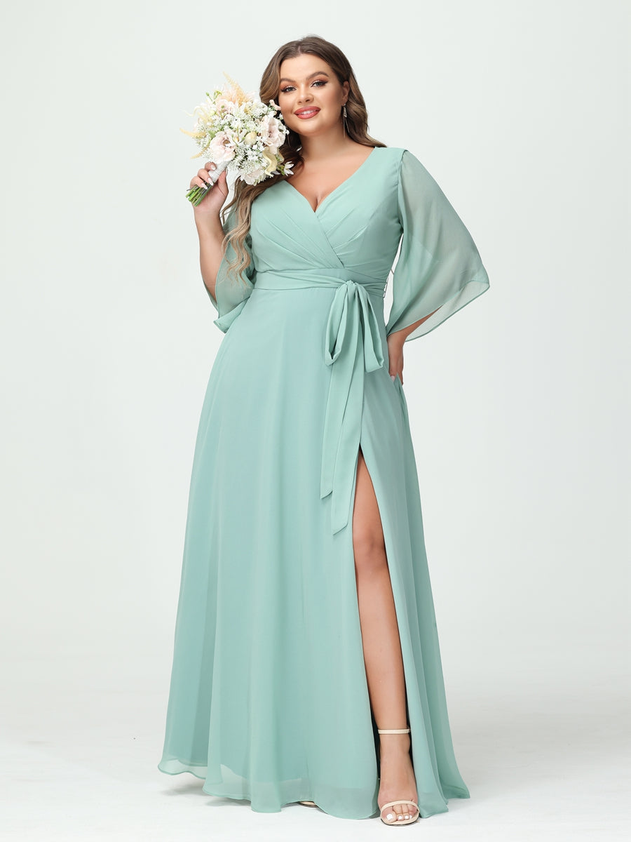 A-Line/Princess/Princess V-Neck Long Sleeves Chiffon Plus Size Bridesmaid Dresses With Pockets ¡¢Belt & Split Side