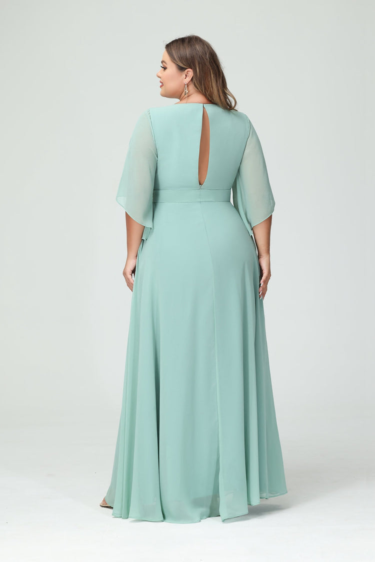 A-Line/Princess/Princess V-Neck Long Sleeves Chiffon Plus Size Bridesmaid Dresses With Pockets ¡¢Belt & Split Side