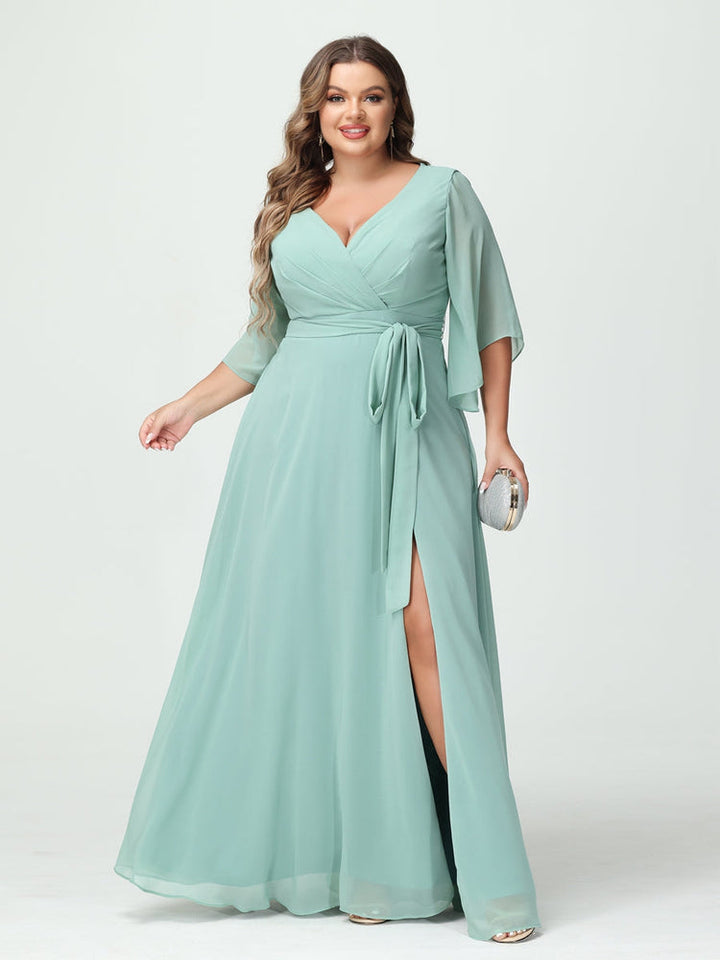 A-Line/Princess/Princess V-Neck Long Sleeves Chiffon Plus Size Bridesmaid Dresses With Pockets ¡¢Belt & Split Side