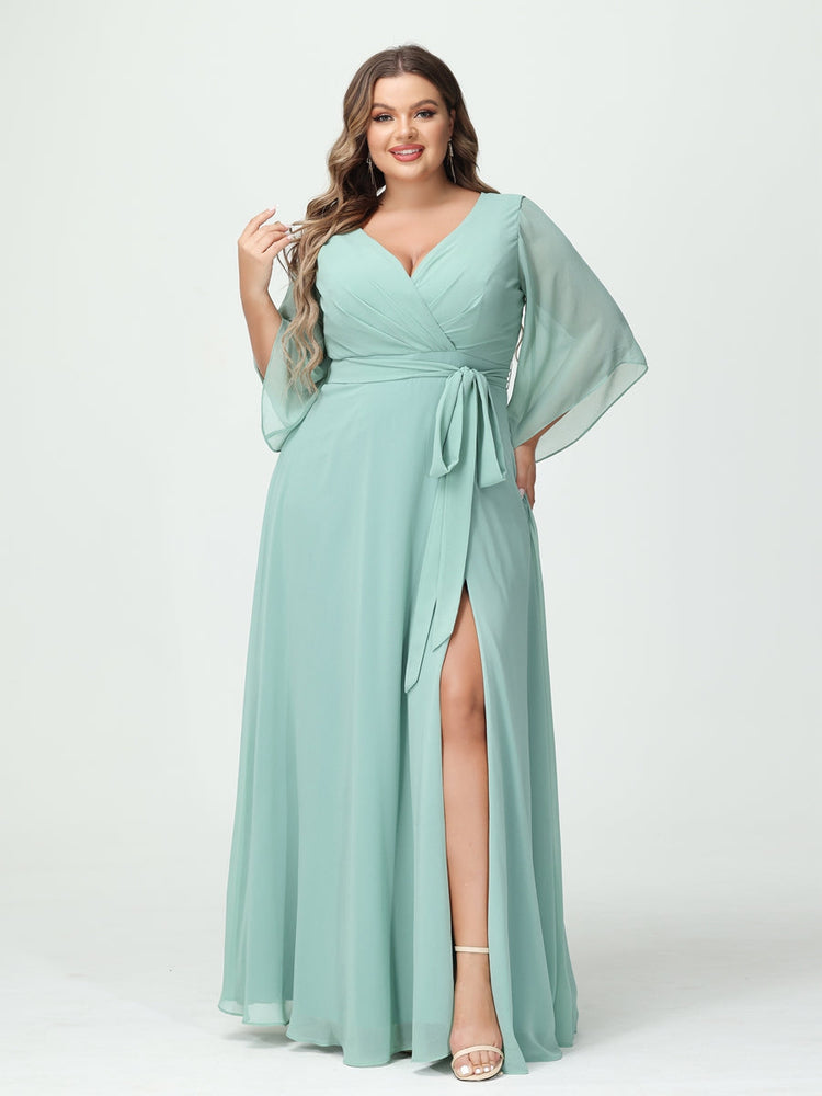 A-Line/Princess/Princess V-Neck Long Sleeves Chiffon Plus Size Bridesmaid Dresses With Pockets ¡¢Belt & Split Side