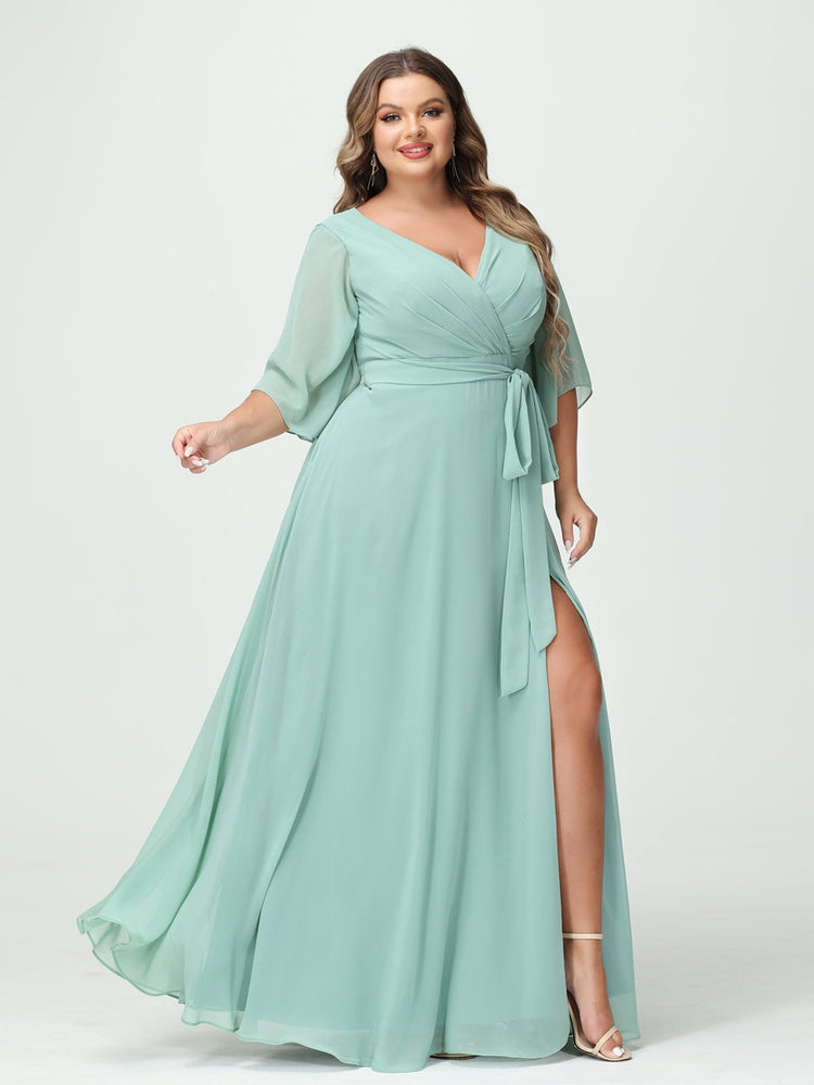 A-Line/Princess/Princess V-Neck Long Sleeves Chiffon Plus Size Bridesmaid Dresses With Pockets ¡¢Belt & Split Side