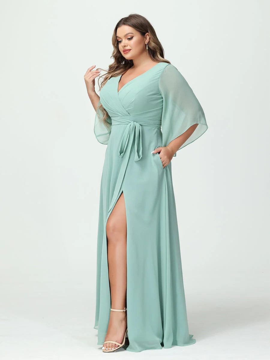 A-Line/Princess/Princess V-Neck Long Sleeves Chiffon Plus Size Bridesmaid Dresses With Pockets ¡¢Belt & Split Side