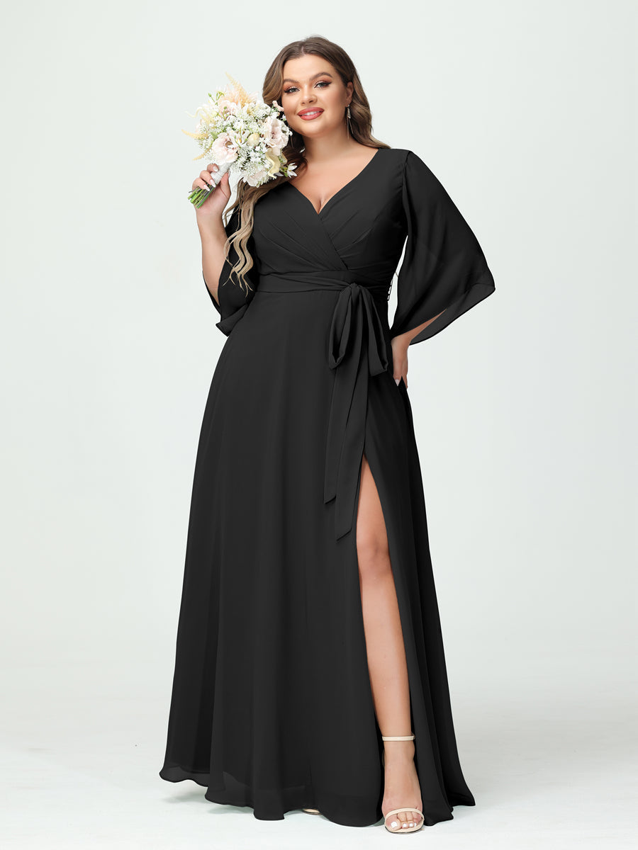 A-Line/Princess V-Neck Long Sleeves Chiffon Plus Size Bridesmaid Dresses With Pockets Belt & Split Side