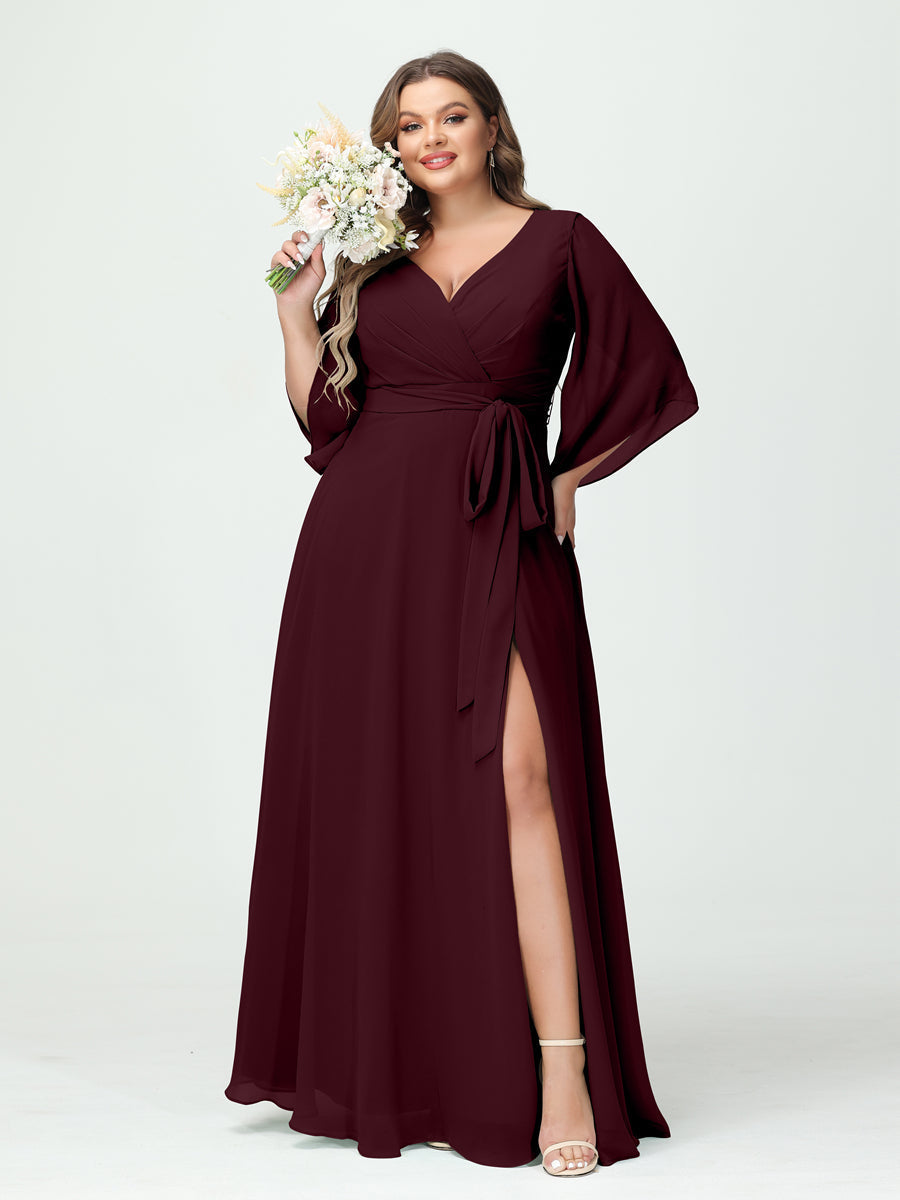 A-Line/Princess/Princess V-Neck Long Sleeves Chiffon Plus Size Bridesmaid Dresses With Pockets ¡¢Belt & Split Side