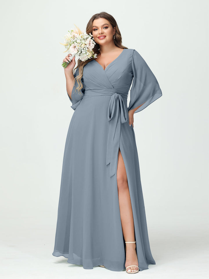 A-Line/Princess/Princess V-Neck Long Sleeves Chiffon Plus Size Bridesmaid Dresses With Pockets ¡¢Belt & Split Side