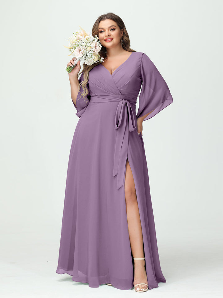 A-Line/Princess/Princess V-Neck Long Sleeves Chiffon Plus Size Bridesmaid Dresses With Pockets ¡¢Belt & Split Side