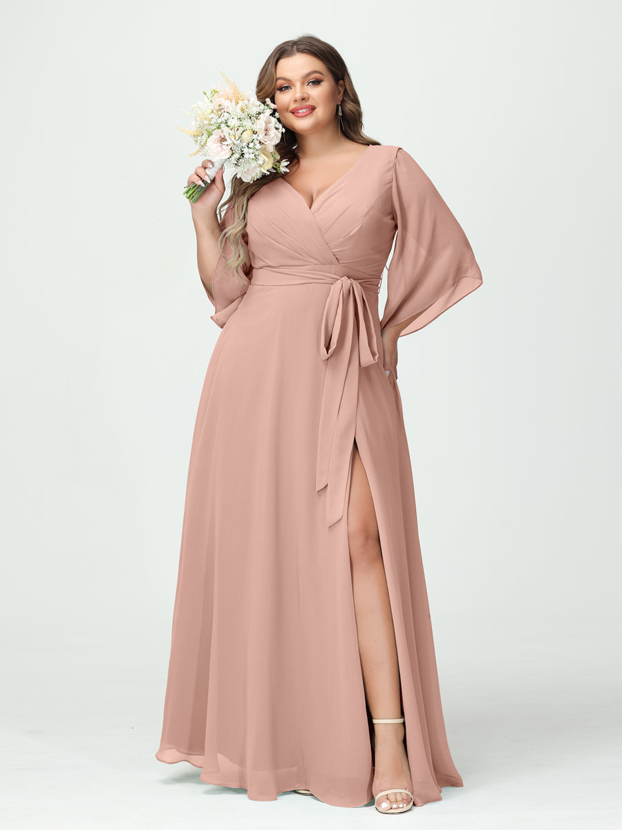 A-Line/Princess/Princess V-Neck Long Sleeves Chiffon Plus Size Bridesmaid Dresses With Pockets ¡¢Belt & Split Side