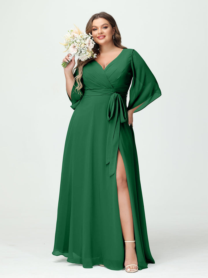 A-Line/Princess/Princess V-Neck Long Sleeves Chiffon Plus Size Bridesmaid Dresses With Pockets ¡¢Belt & Split Side