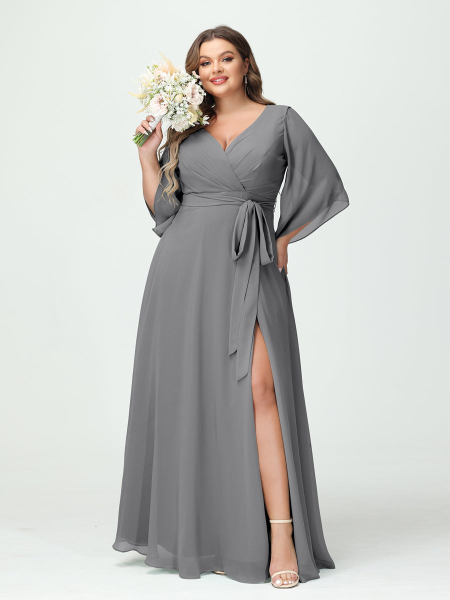 A-Line/Princess/Princess V-Neck Long Sleeves Chiffon Plus Size Bridesmaid Dresses With Pockets ¡¢Belt & Split Side