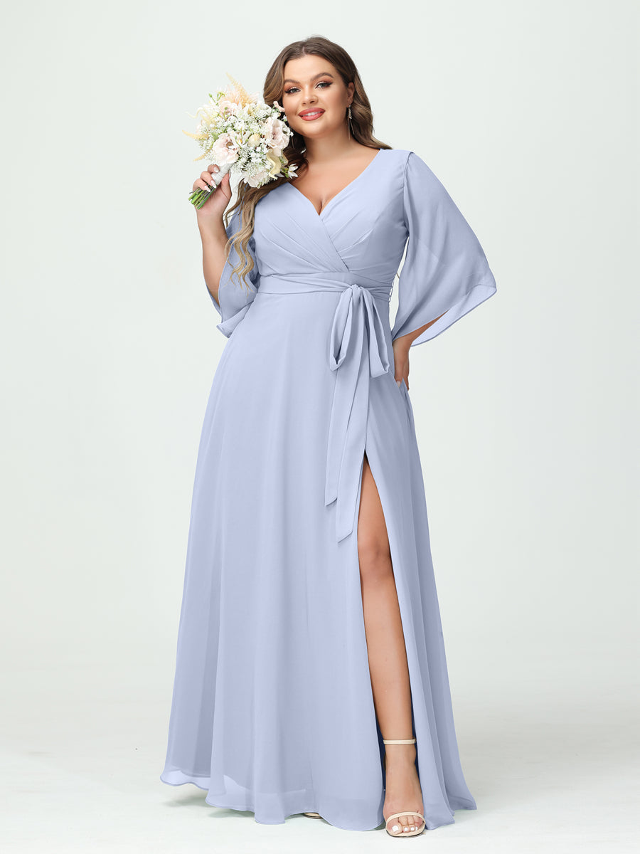 A-Line/Princess/Princess V-Neck Long Sleeves Chiffon Plus Size Bridesmaid Dresses With Pockets ¡¢Belt & Split Side