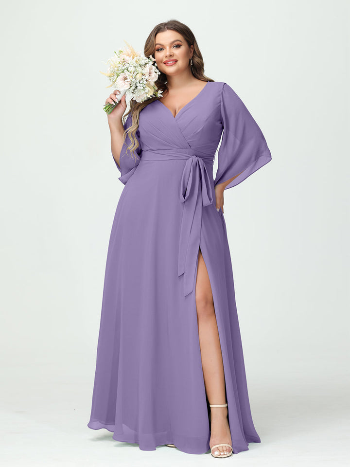 A-Line/Princess/Princess V-Neck Long Sleeves Chiffon Plus Size Bridesmaid Dresses With Pockets ¡¢Belt & Split Side