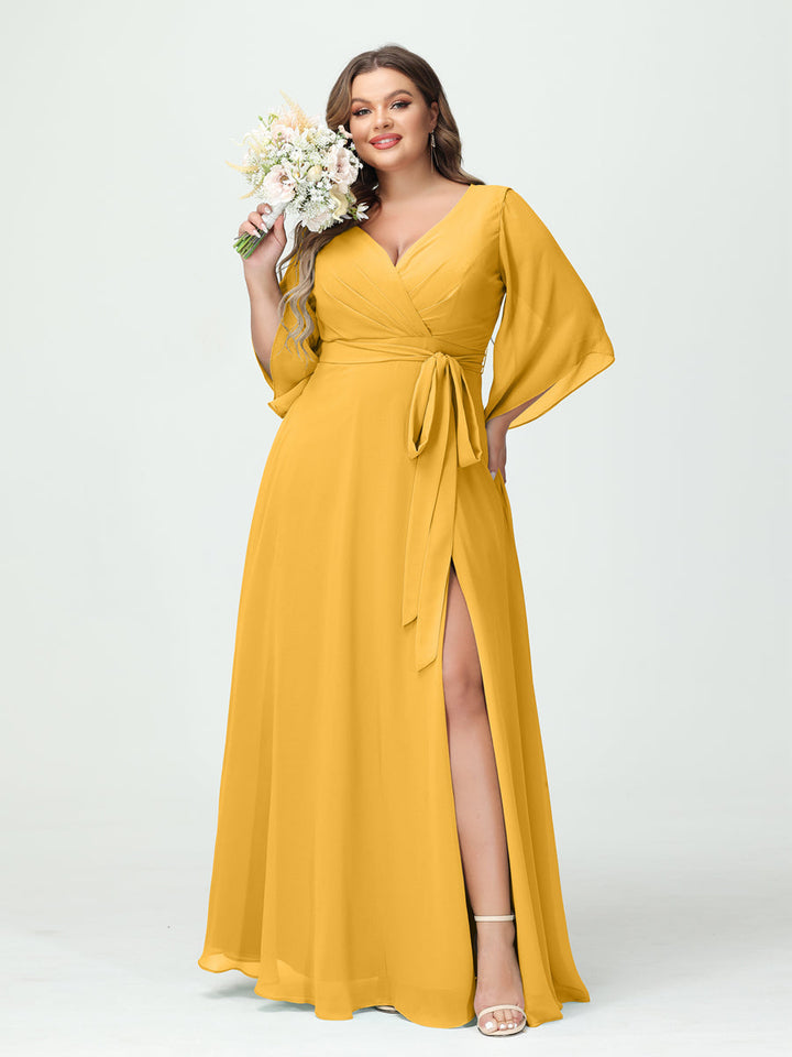 A-Line/Princess/Princess V-Neck Long Sleeves Chiffon Plus Size Bridesmaid Dresses With Pockets ¡¢Belt & Split Side