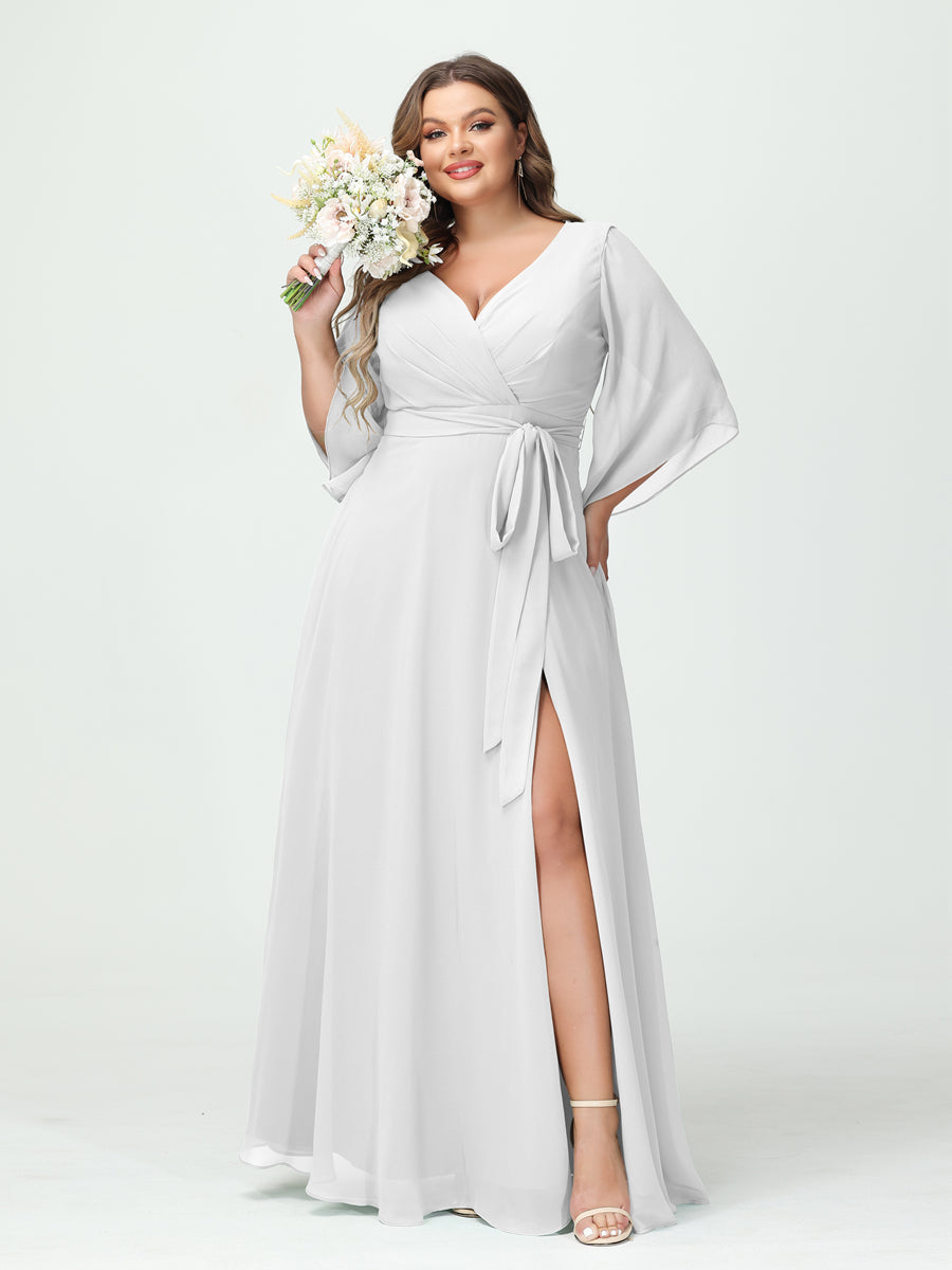 A-Line/Princess/Princess V-Neck Long Sleeves Chiffon Plus Size Bridesmaid Dresses With Pockets ¡¢Belt & Split Side