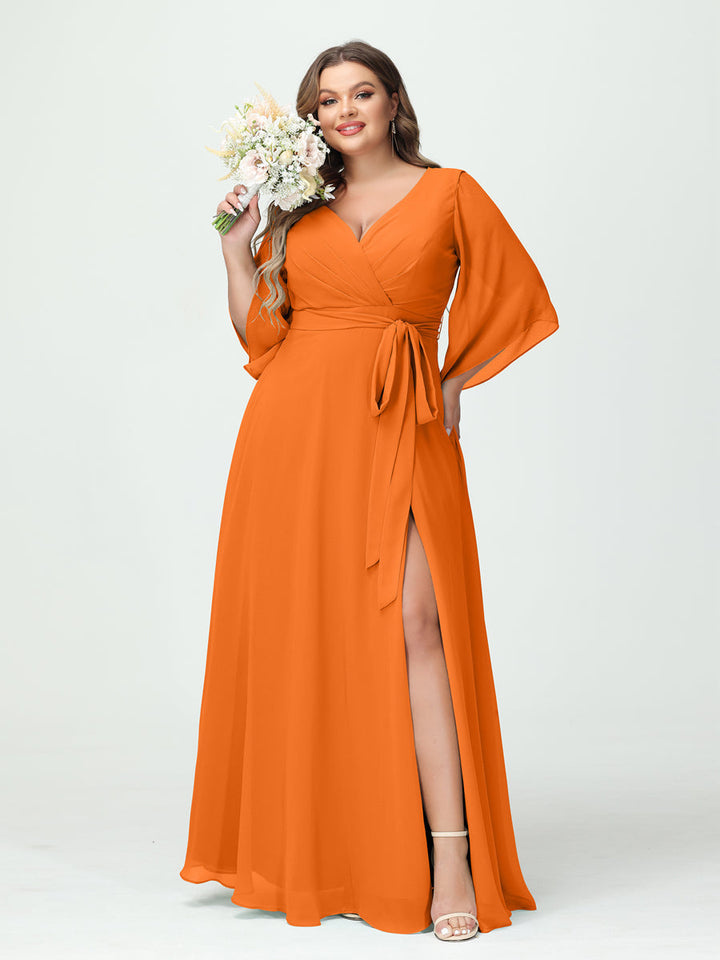 A-Line/Princess/Princess V-Neck Long Sleeves Chiffon Plus Size Bridesmaid Dresses With Pockets ¡¢Belt & Split Side