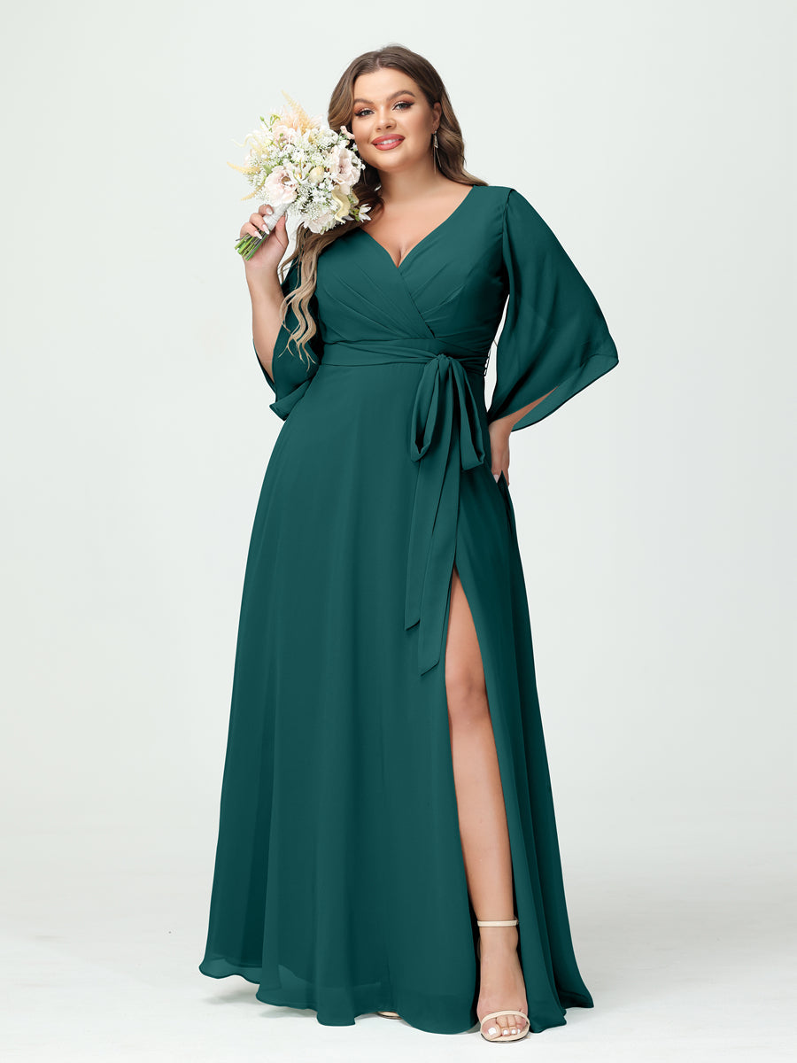 A-Line/Princess/Princess V-Neck Long Sleeves Chiffon Plus Size Bridesmaid Dresses With Pockets ¡¢Belt & Split Side