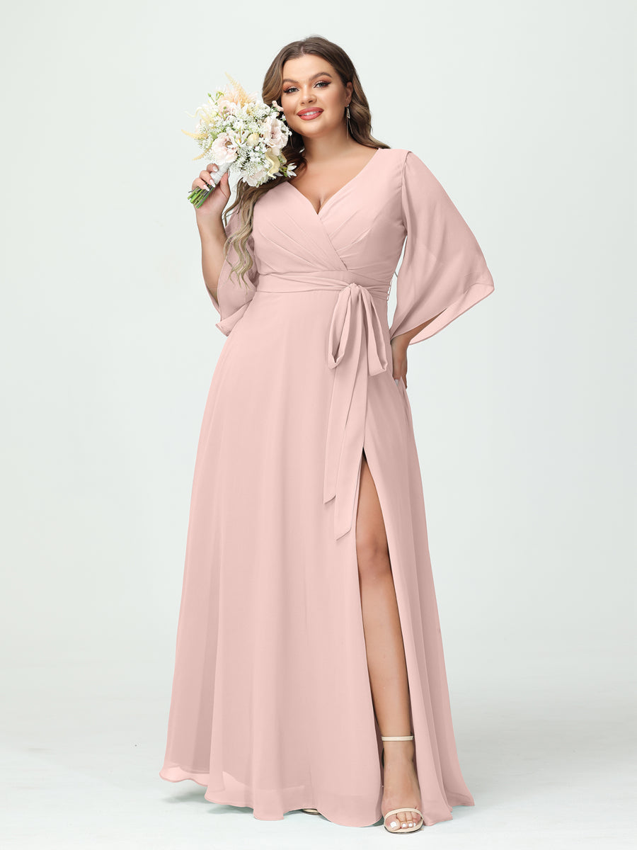 A-Line/Princess/Princess V-Neck Long Sleeves Chiffon Plus Size Bridesmaid Dresses With Pockets ¡¢Belt & Split Side