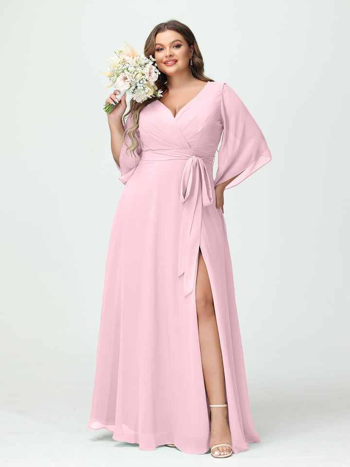 A-Line/Princess/Princess V-Neck Long Sleeves Chiffon Plus Size Bridesmaid Dresses With Pockets ¡¢Belt & Split Side