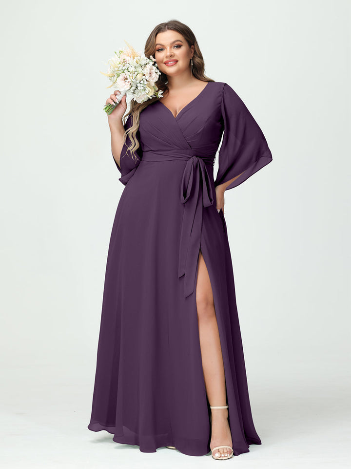 A-Line/Princess/Princess V-Neck Long Sleeves Chiffon Plus Size Bridesmaid Dresses With Pockets ¡¢Belt & Split Side