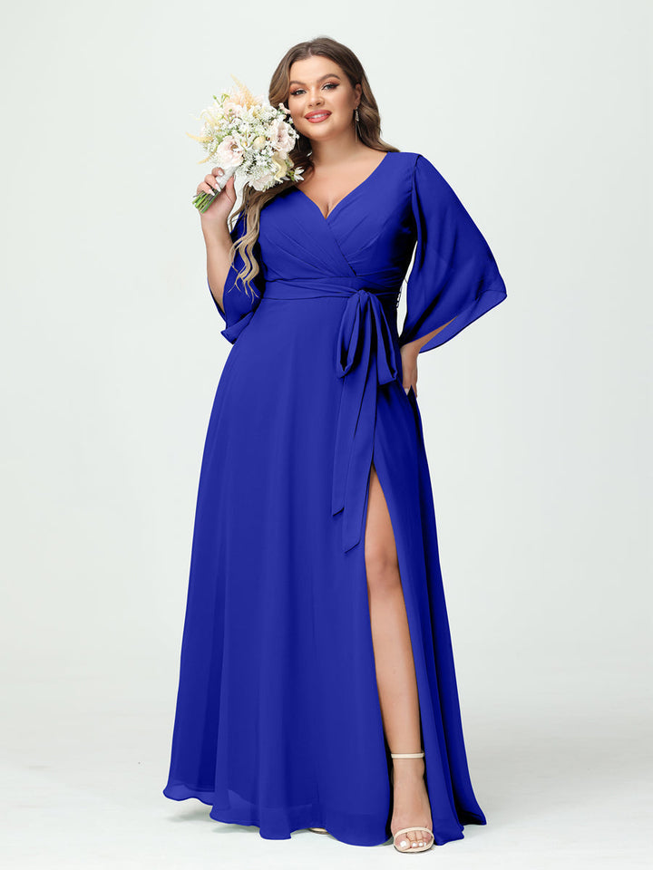 A-Line/Princess/Princess V-Neck Long Sleeves Chiffon Plus Size Bridesmaid Dresses With Pockets ¡¢Belt & Split Side