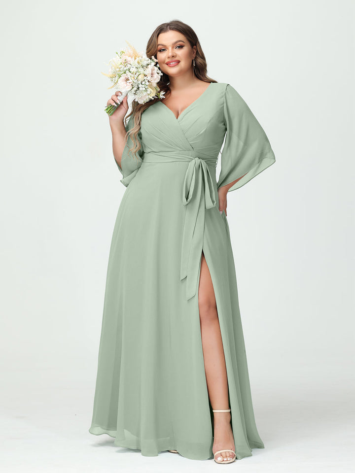 A-Line/Princess/Princess V-Neck Long Sleeves Chiffon Plus Size Bridesmaid Dresses With Pockets ¡¢Belt & Split Side