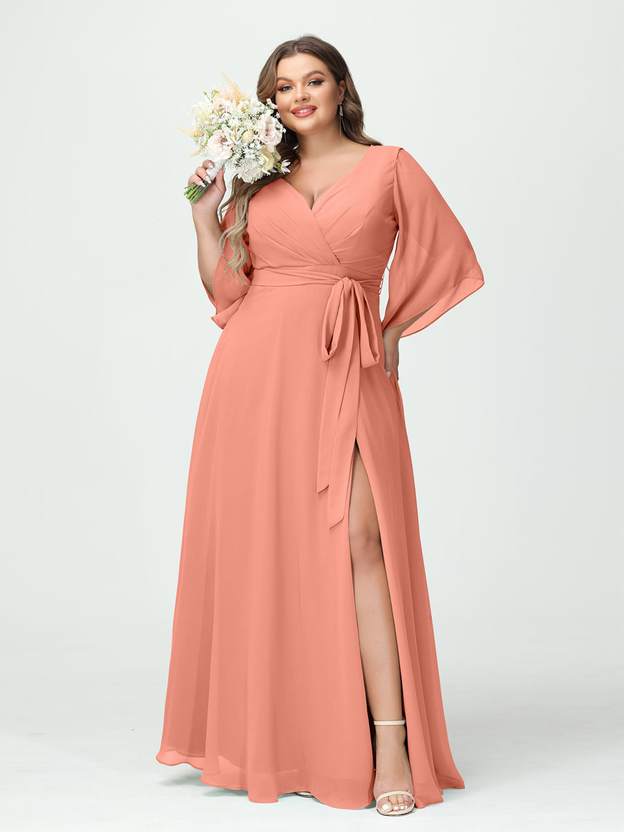 A-Line/Princess/Princess V-Neck Long Sleeves Chiffon Plus Size Bridesmaid Dresses With Pockets ¡¢Belt & Split Side